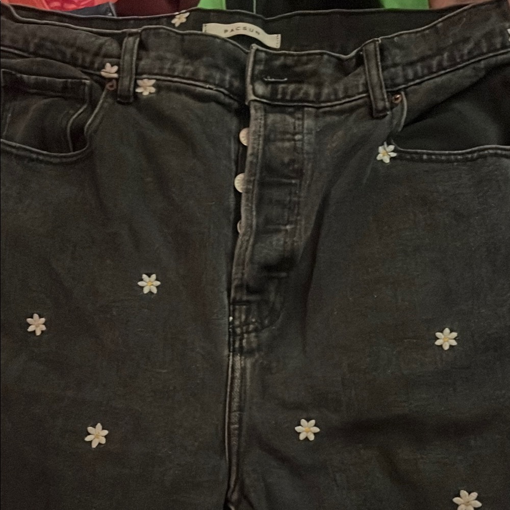 Black Pacsun Jeans with White Daisy Embroidery